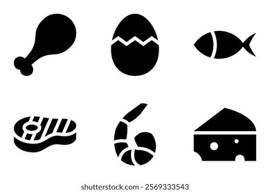Animal protein sources food icon set. 