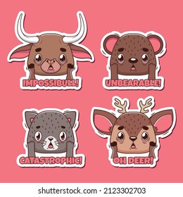 Animal pun sticker set with funny shocked animals