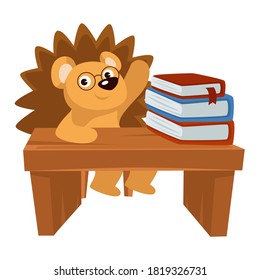 Animal pupil in school sitting by desk, raising hand to answer question. Isolated hedgehog with books and textbooks studying at lessons or classes. Baby learning disciplines vector in flat style