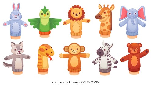 Animal puppet toys. Cartoon handmade funny puppets for puppeteer hands, children play home kindergarten in zoo doll from sock, finger toy show theater ingenious vector illustration