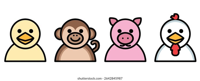 Animal puppets puppeteer icons set. Duck, monkey, pig, and chicken. Cartoon farm animal stickers for kids, activities and wallpaper, toy design print. Vector illustration drawing doodle in EPS 10.