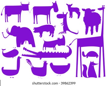 animal purple silhouettes isolated on white, vector art illustration