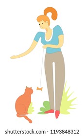Animal pussycat playing with handmade toy of owner vector