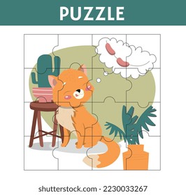 Animal puzzle concept. Educational material for children, development of concentration and attention. Poster or banner for website with pet. Cat dreams of sausage. Cartoon flat vector illustration