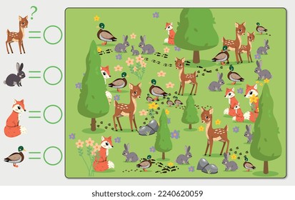 Animal puzzle concept. Task to find deer, ducks, foxes and rabbits. Forest inhabitants, flora and fauna. Poster or banner for website. Educational material for kids. Cartoon flat vector illustration