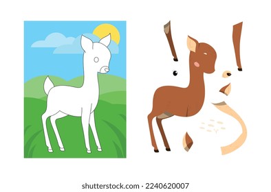 Animal puzzle with deer. Assemble figure from patterns, puzzles. Poster or banner. Development of creative skills and children. Forest dweller, wild life and fauna. Cartoon flat vector illustration