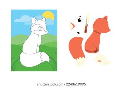 Animal puzzle with fox. Graphic element for website. Educational material, training and education, biology and zoology. Nature, fauna and wild life metaphor. Cartoon flat vector illustration