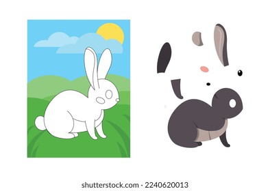 Animal puzzle with rabbit. Educational kit for developing childrens creative skills. Charming forest dweller sits in green lawn, wild life and fauna, biology. Cartoon flat vector illustration