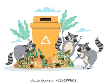 Animal raccoon garbage trash food junk waste bin concept. Vector graphic design illustration
