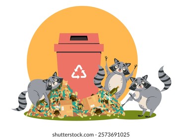 Animal raccoon garbage trash food junk waste bin concept. Vector graphic design illustration