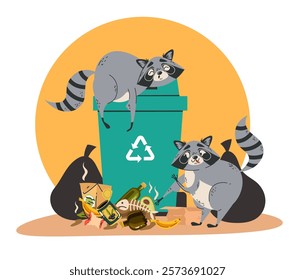 Animal raccoon garbage trash food junk waste bin concept. Vector graphic design illustration