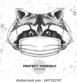 Animal raccoon wearing face medical mask. Covid-19 protection methods. Coronavirus Quarantine Warning. Vector illustration