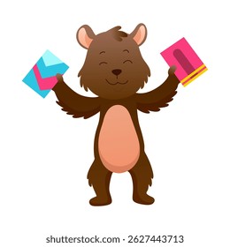 Animal reading book and studying, cute baby bear. Kid character reading book. Cartoon symbol for school education and library. Vector illustration for children