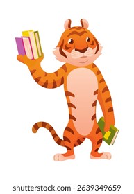 Animal reading book and studying, cute baby tiger. Kid character reading book. Cartoon symbol for school education and library. Vector illustration for children