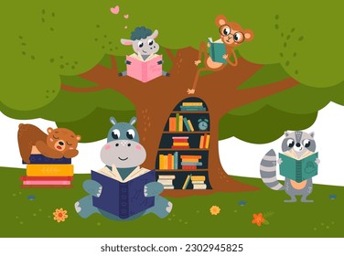 Leer animales en afiche infantil forestal. Día de los Libros, biblioteca al aire libre para animales inteligentes. Lector de libros, la vida de los bosques bonitos y de vuelta a la escuela con clase de vector de escena