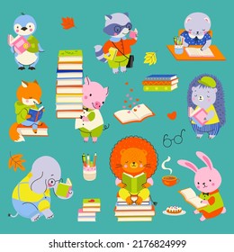 Animal Reading And Study. Cute Cartoon Elephant, Bunny And Lion Read Books. Smart Wild Animals, Back To School Childish Nowaday Vector Characters