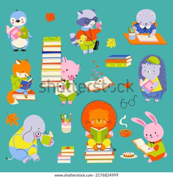 Animal reading and study. Cute cartoon\
elephant, bunny and lion read books. Smart wild animals, back to\
school childish nowaday vector\
characters