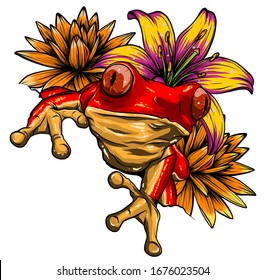 animal Red frog with flower vector illustration