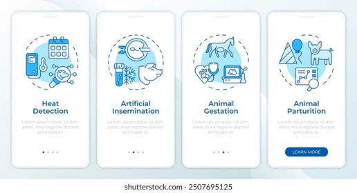 Animal reproduction types blue onboarding mobile app screen. Walkthrough 4 steps editable graphic instructions with linear concepts. UI, UX, GUI template