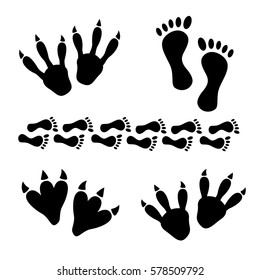 Animal and reptile footprints vector. Set foot prints wild animals