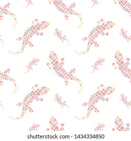 Animal reptilian vector seamless pattern. Big and small mosaic multi colored lizards on white background. Cute template for design. Softness cartoon zoo backdrop.
