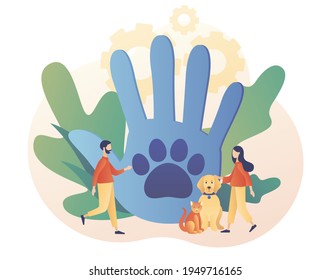 Animal rescue and pet protection. Hand and paw as symbol support and love pets. Tiny people protection wildlife and rescue. Animal shelter. Modern flat cartoon style. Vector illustration 