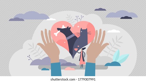 Animal rescue and pet protection with support and love flat tiny person concept. Adoption and custody symbol vector illustration. Help with homeless cat or dog shelter, veterinary clinic and treatment