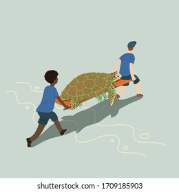 Animal rescue team saving sea turtle which is tangled in wasted fishing net. Save marine life concept. Flat color vector illustration.