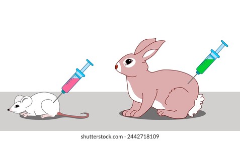 Investigación animal, pruebas. Ratones de conejo, ratón, inyección de rata. Derechos animales. Laboratorio Wistar. Ilustración de vector