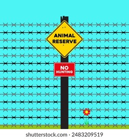 Animal reserve sign isolated on the background of a barbed wire fence