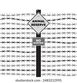 Animal reserve sign isolated on the background of a barbed wire fence