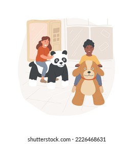Animal rides isolated cartoon vector illustration. Mall animal rides, indoor entertainment, shopping with kids, having fun, child zoo riding, sitting on a big toy, plush scooter vector cartoon.