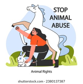 Animal rights activist. Cruelty free sustainable development. Vegan or vegetarian lifestyle and love for animals. Flat vector illustration