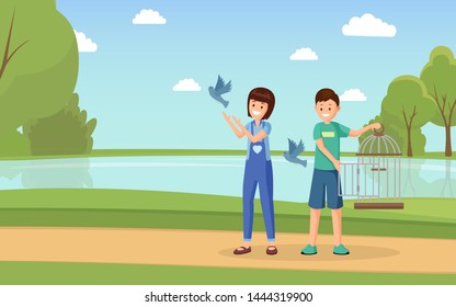 Animal rights activists flat vector illustration. Cartoon volunteers with open birdcage liberating doves flat characters. Children, teenagers playing with domesticated pigeons outdoors