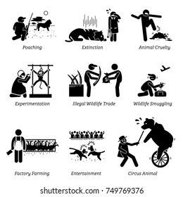 Animal Rights and Issues Stick Figure Pictogram Icons. Illustrations depicts poaching, extinction, animal cruelty, experimentation, illegal wildlife trade, factory farming, entertainment, and circus.