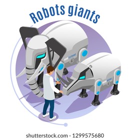 Animal robots colored and isometric emblem with robots giants description elephant and rhinoceros vector illustration