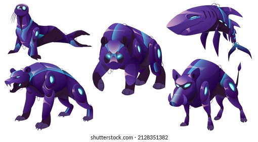 Animal robots, cyborgs seal, panda and grizzly bears, shark and wild boar. Cartoon robotics animalistic machine characters with glowing eyes and wires, mechanical and electronic personages, Vector set