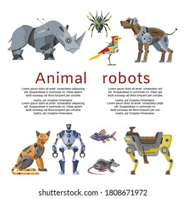 Animal robots inscription, mechanical toy, future technologies, design cartoon style vector illustration, isolated on white. Metal cyborg machine, modern artificial robotic mechanism, cute collection.