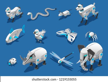 Animal robots isometric icons set with  pets companions automated birds dragonflies insects spider elephant rhinoceros vector illustration