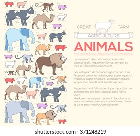 animal round concept of lion, monkey, camel, elephant, cow, pig, sheep. Vector illustration background with ottoman motif  traditional . Thin lines outline flat style design