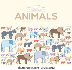 animal round concept of lion, monkey, camel, elephant, cow, pig, sheep. Vector illustration background with ottoman motif  traditional . Thin lines outline flat style design