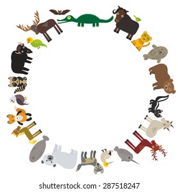 Animal round frame, bison bat manatee fox elk horse wolf fur seal Polar bear Mountain goat raccoon Eagle skunk parakeet Jaguar narwhal elk Grizzly gannet Muskox alligator. Vector