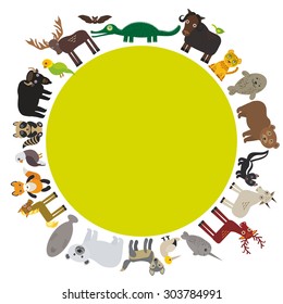 Animal round frame, bison bat manatee fox elk horse wolf fur seal Polar bear Mountain goat raccoon Eagle skunk parakeet Jaguar narwhal elk Grizzly gannet Muskox alligator. Vector