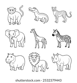 Animal Safari Colorir Page Line Art Bundle para crianças com leões, elefantes, zebras e muito mais