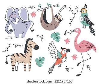 Dibujo de la jungla de safari animal lindo estilo línea personajes aislados conjunto colección ilustración de diseño gráfico