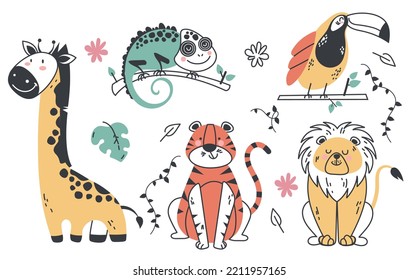 Animal safari jungle cartoon cute line style characters isolated set collection graphic design illustration