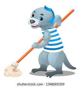 Animal sailor washes the deck of the ship isolated on white background. Vector cartoon close-up illustration.