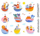 Animal sailors. Funny cartoon animal on boat ship yacht submarine. Ocean adventures, lion penguin goose elephant and monkey, nowaday vector set