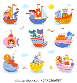 Animal sailors. Funny cartoon animal on boat ship yacht submarine. Ocean adventures, lion penguin goose elephant and monkey, nowaday vector set