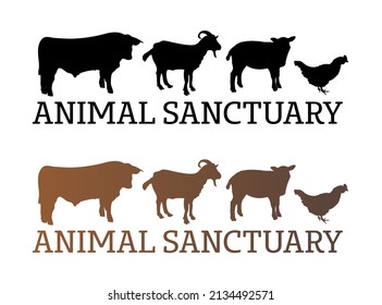 Animal sanctuary concept – text with silhouettes of saved farm animals – cow, goat, sheep, and hen or chicken isolated on a white background. Place where animals are protected and have a shelter.